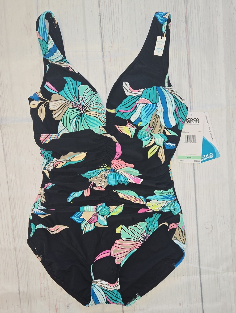Coco Contours Black Floral One-Piece Swimsuit Underwire and Tummy Control NWT